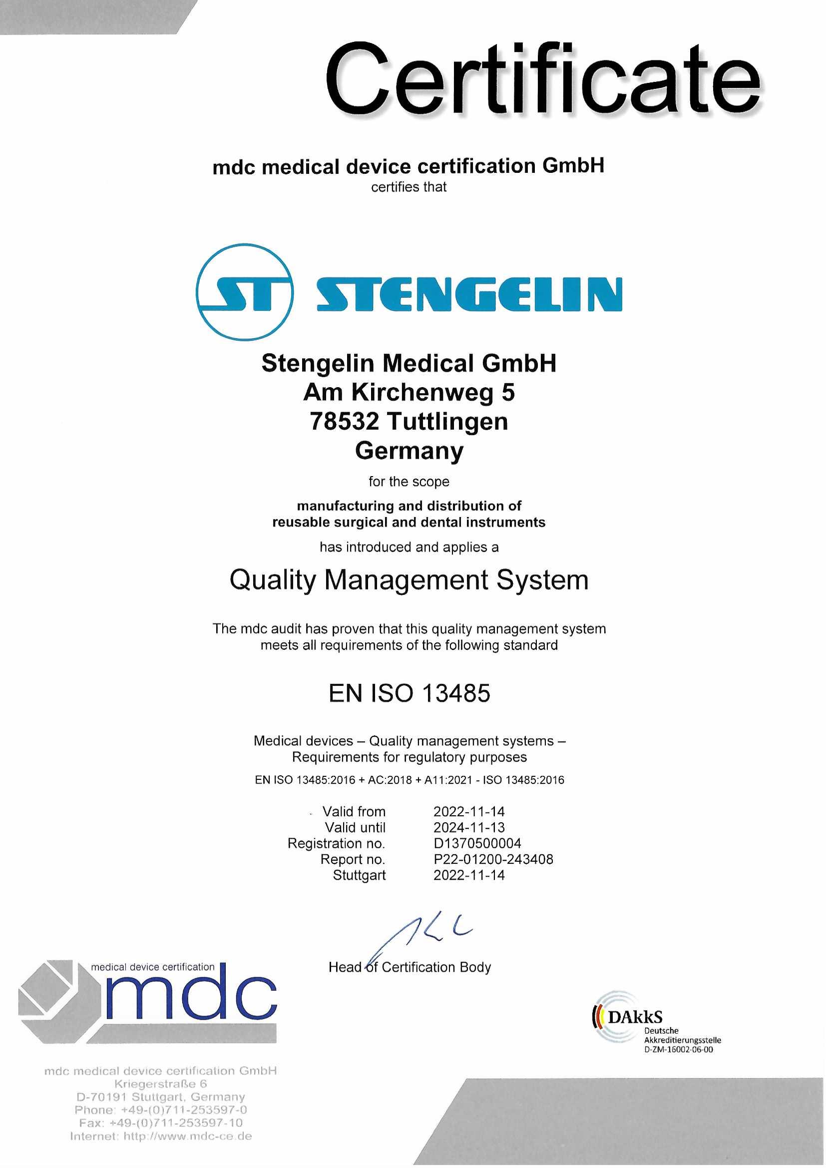 Zertifikat Stengelin DIN EN ISO 13485 englisch